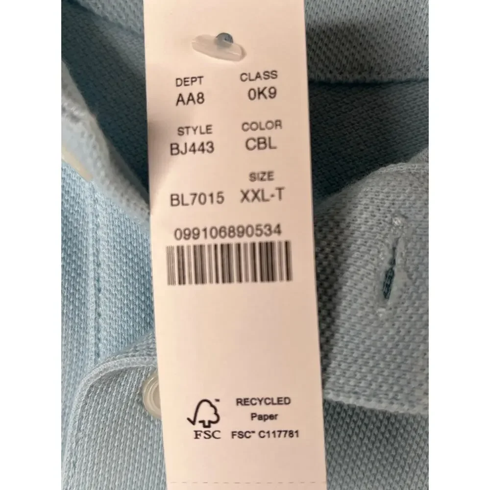 J. Crew men's pique cotton polo, light blue, XXL-T, NWT